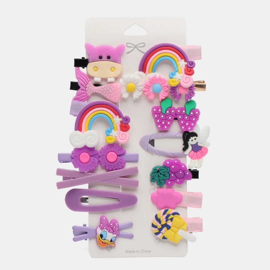 ChicTresses Cute Purplle Cartoon Hair Clips Set for Girls | Rainbow & Fruit Design Hair Accessories (Pack of 14)