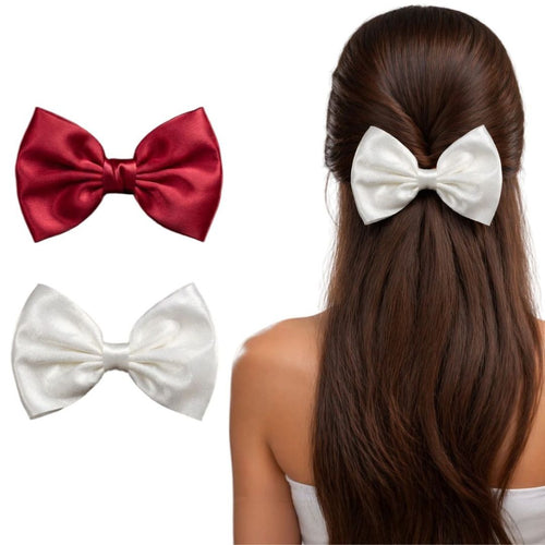 ChicTresses Satin Hair Bow Clip for Women & Girls – Elegant Red & White Hair Accessory for Party, Casual & Daily Wear