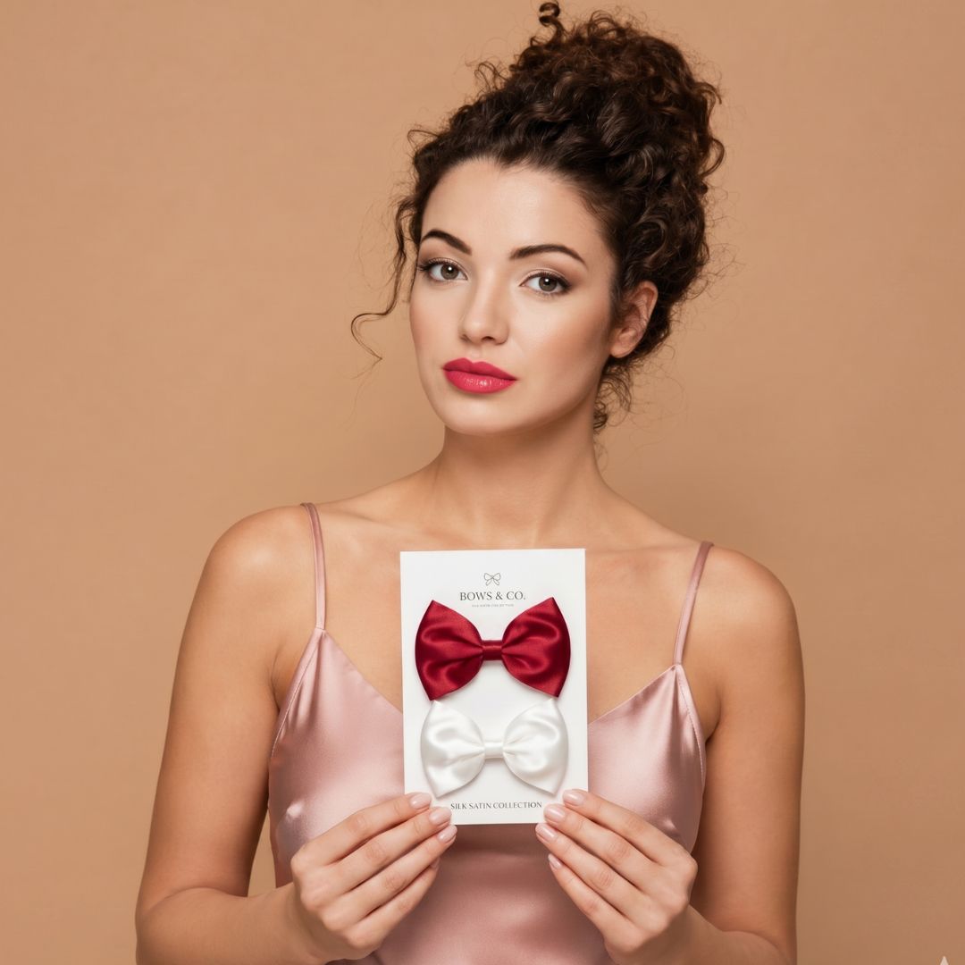 ChicTresses Satin Hair Bow Clip for Women & Girls – Elegant Red & White Hair Accessory for Party, Casual & Daily Wear