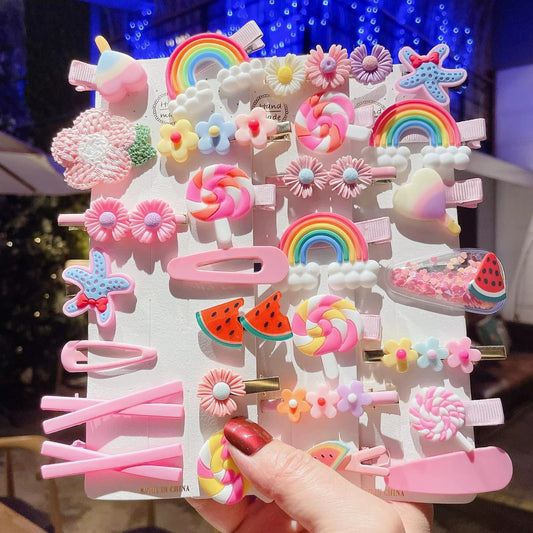ChicTresses Cute Cartoon Hair Clips Set for Girls | Pink Handmade Hair Accessories (Pack of 14)