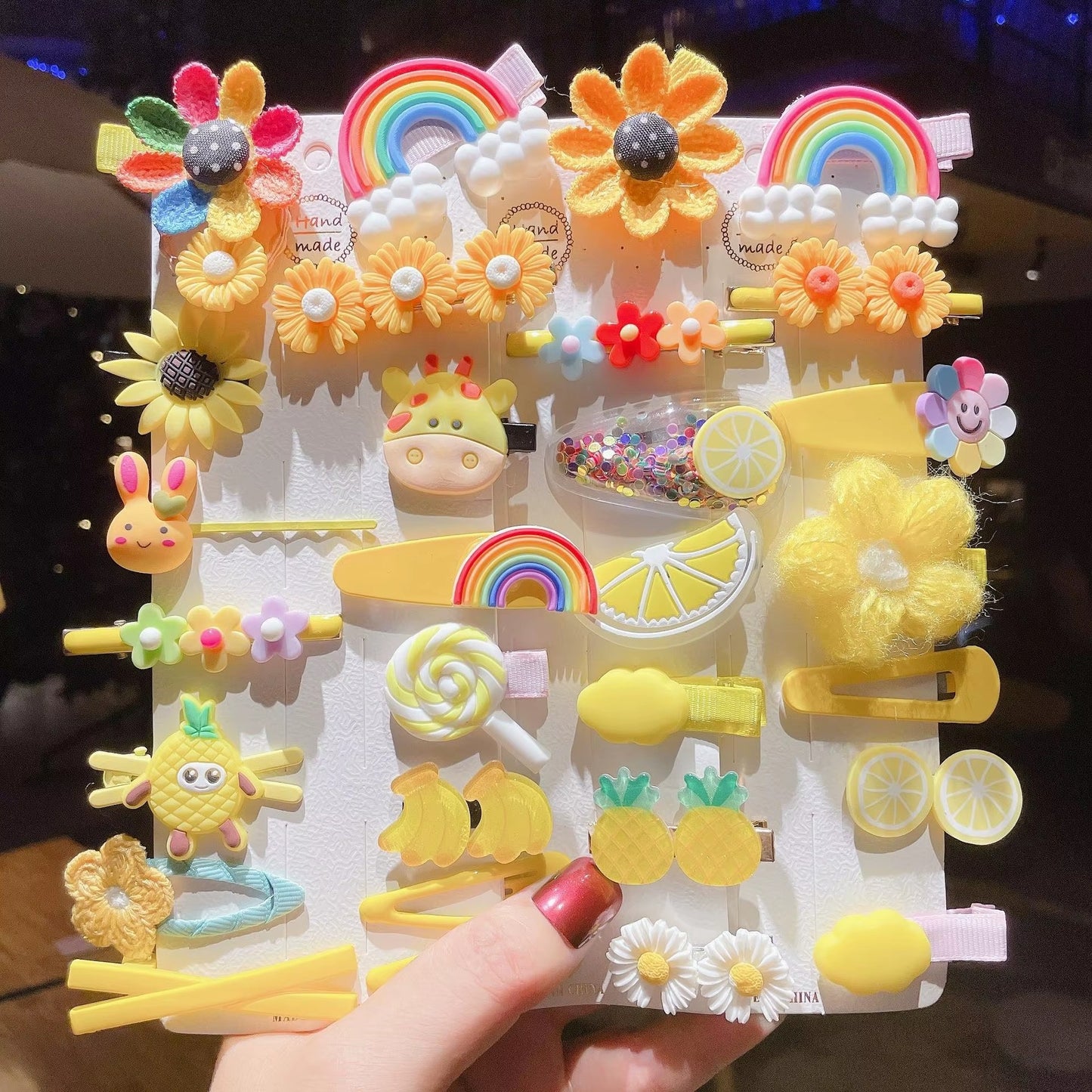 ChicTresses Cute Yellow Cartoon Hair Clips Set for Girls | Rainbow & Fruit Design Hair Accessories (Pack of 14)