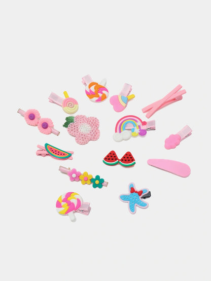 ChicTresses Cute Cartoon Hair Clips Set for Girls | Pink Handmade Hair Accessories (Pack of 14)